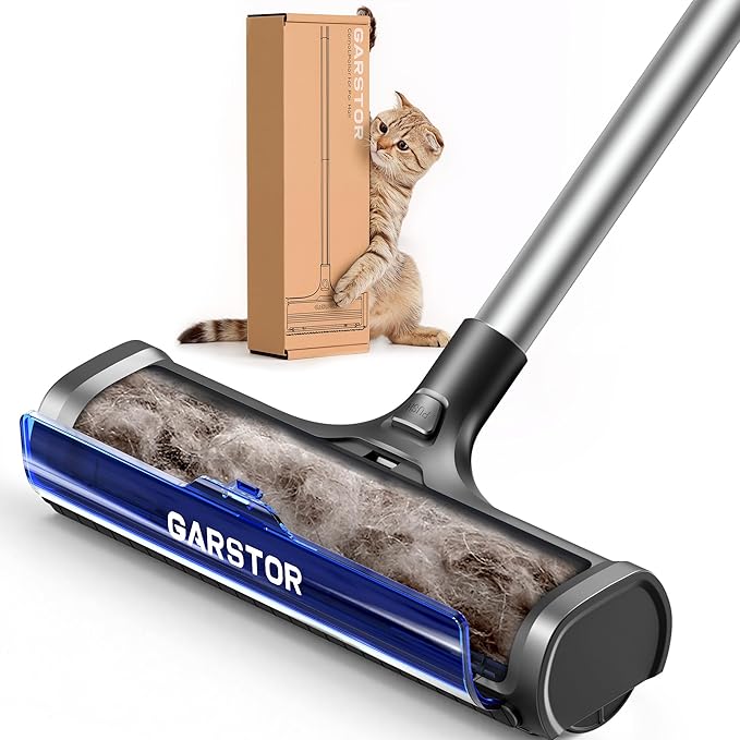 Carpet Hair Removal Tool, Carpet Sweeper for Pet Hair, Reusable Carpet Roller Rug Rake, Pet Fur Remover with Dust Container, 5 Feet Long Handle for Carpet, Rugs, Mats