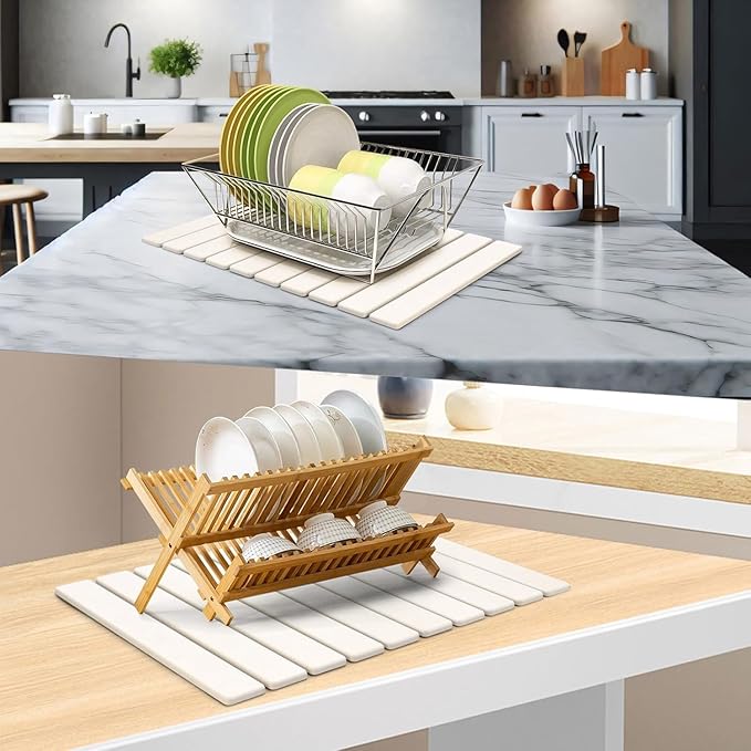 Large Stone Dish Drying Mat for Kitchen Counter, 24"(L)×16"(W), Collapsible Quick Drying Mat, Absorbent Eco-Friendly Diatomaceous Earth Mats for Dishes Bottles, Match Any Countertop - White