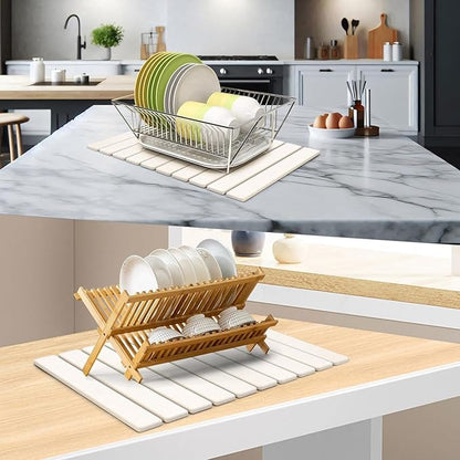 Large Stone Dish Drying Mat for Kitchen Counter, 24"(L)×16"(W), Collapsible Quick Drying Mat, Absorbent Eco-Friendly Diatomaceous Earth Mats for Dishes Bottles, Match Any Countertop - White