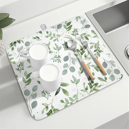 Spring Summer Sage Green Leaves Dish Drying Mat 18 x 24 Inch Spring Eucalyptus Leaf Dish Drainer Rack Mat Absorbent Microfiber for Holiday Kitchen Coffee Dining Bar Decor