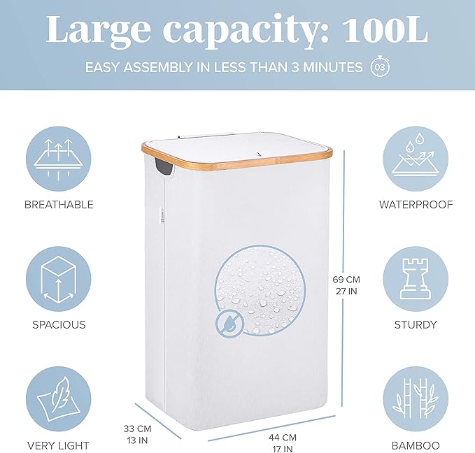 LONBET Laundry Basket with Lid, Made from Breathable Fabric | Aesthetic Clothes Hampers for Laundry with Side Handles & Sturdy Bamboo Frame (26 Gallons - Single, Light Gray)