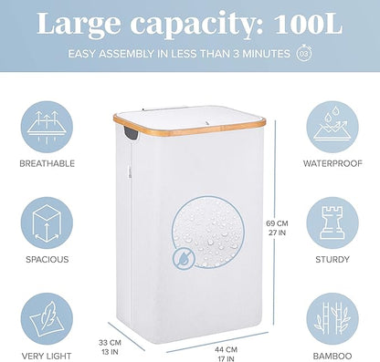 LONBET Laundry Basket with Lid, Made from Breathable Fabric | Aesthetic Clothes Hampers for Laundry with Side Handles & Sturdy Bamboo Frame (26 Gallons - Single, Light Gray)
