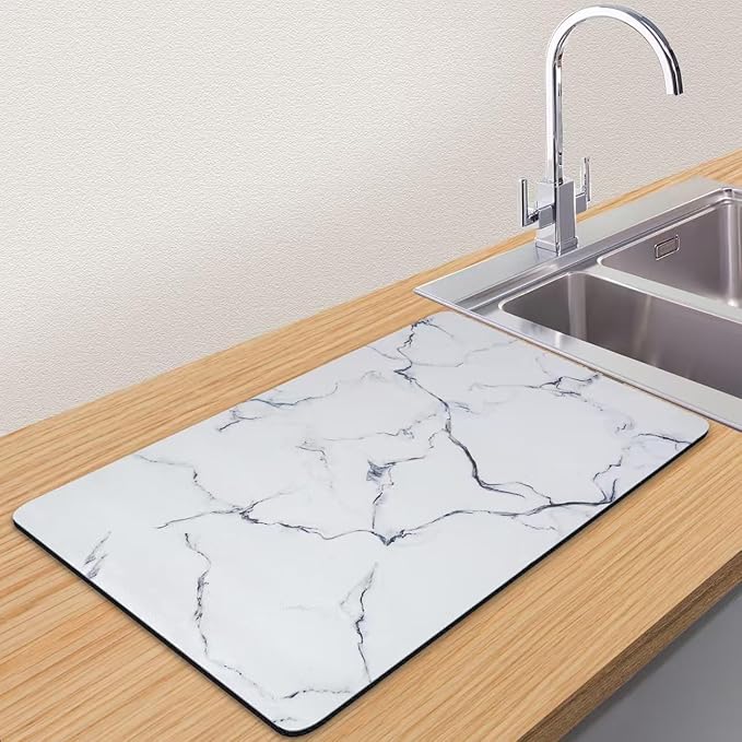 CooRug Marble Pattern Dish Drying Mat, Absorbent Coffee Bar Mat for Kitchen Counter, Non-slip Pad with Rubber Backed, Washable and Easy to Clean 16" x 24" Blue Marble