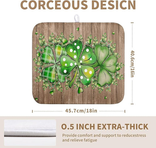 St Patricks Day Wooden Plank Shamrock Drying Mat for Kitchen Counter St Patrick Eucalyptus Leaves Clover Dish Drainer Mats Absorbent Microfiber Dishes Pad Reusable Washable Dry Mat 16x18 Inch