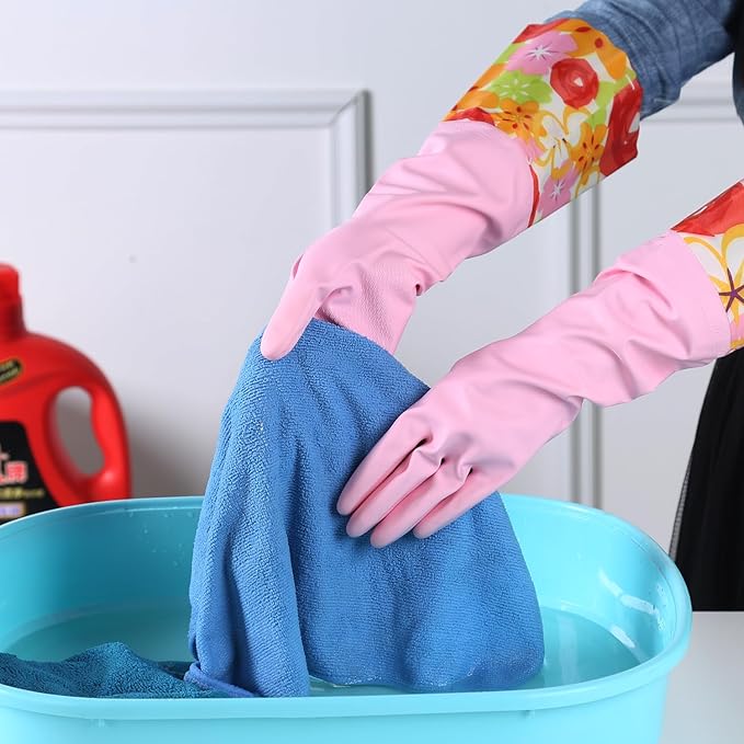 Bamllum 3 Pairs Rubber Cleaning Gloves, Household Kitchen Dishwashing Gloves with Cotton Flocked Liner, Long Cuff 16 Inches, Reusable, Non-Slip (Small, Blue+Pink+White)