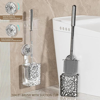 Silicone Toilet Brush with Holder Comes with Suction Cups Deep Cleaning Toilet Brush with Flexible Bristles Space Saving for Bathroom Modern Design Quick Drying Easy to Assemble Silver