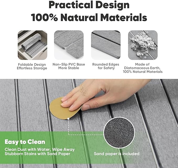 Stone Dish Drying Mat for Kitchen Counter - 24" x 16" Ultra Absorbent Diatomaceous Earth Mat, Fast Drying & Foldable Countertop Protector, Non-Slip Eco-Friendly Stone Mat for Dishes
