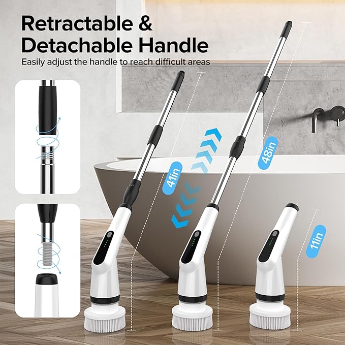 Electric Spin Scrubber, Dreazu IPX7 Shower Scrubber with 7 Replaceable Brush Heads & Retractable Handle, 2-Speed Adjustable Shower Cleaner for Bathroom,Toilet, Bathtub, Kitchen, Tile Floors