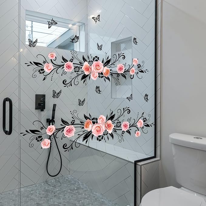 3D Wall Stickers DIY Flower Wall Decal Removable Waterproof Wall Art Decor for Bedroom Living Room Offices Home Decoration (Black Pink Rose)