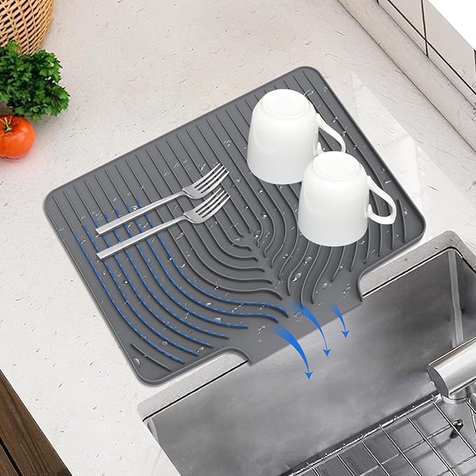 Dish Drying Mat for Kitchen Counter, with Built-in Drain Wide Lip, Food-Grade Silicone, Easy Clean Pad for Countertop Protection, Multi-Functional Use (18×12 Wide Lip, Grey)