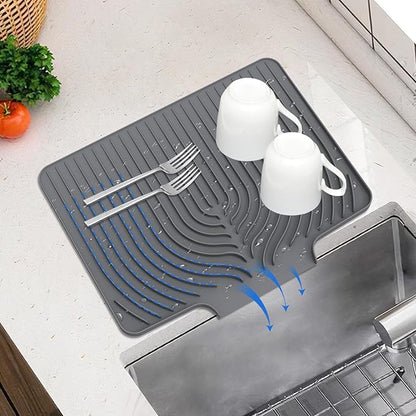 Dish Drying Mat for Kitchen Counter, with Built-in Drain Wide Lip, Food-Grade Silicone, Easy Clean Pad for Countertop Protection, Multi-Functional Use (18×12 Wide Lip, Grey)