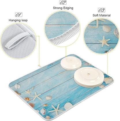 Seashells Starfish Dish Drying Mat for Kitchen Counter Super Absorbent Dish Mat Drying Kitchen Mat 16X18 inch Dish Drying Matt for Kitchen Dish Drying Mat
