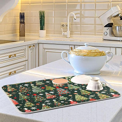 Christmas Tree Green Dish Drying Mat for Kitchen Counter Absorbent Microfiber Drying Pad, Medium 16x18 in