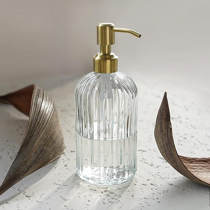 JASAI 18Oz Glass Soap Dispenser with Golden Pump for Kitchen,Refillable Liquid Hand soap Dispenser with Vertical Stripe, Clear Soap Dispenser Bathroom for Hand soap, Dish Soap, Lotion