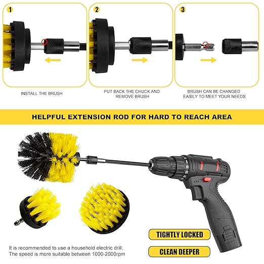 Drill Brush Attachment Set - 4 Piece Cleaning Kit for Bathroom Surfaces, Grout, Floor, Tub, Shower, Tile, Kitchen and Car - Electric Multi-Purpose Scrubber