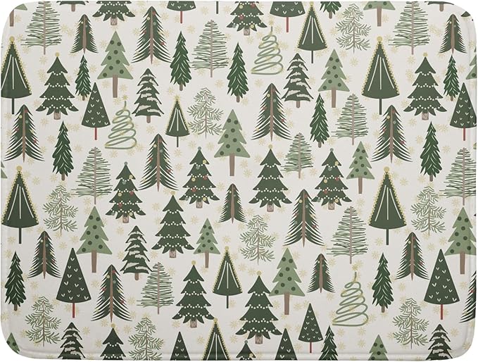 Christmas Dish Drying Mat for Kitchen Counter 18x24 Green Xmas Tree Block Print Winter Holiday Theme Absorbent Reversible Microfiber Drying Mats Kitchen Countertop Protector Dishes Drainer Pad
