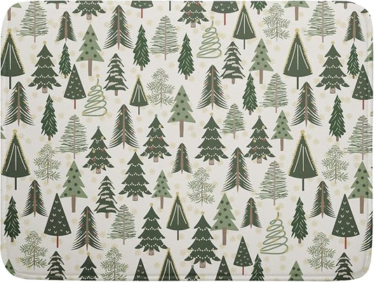 Christmas Dish Drying Mat for Kitchen Counter 18x24 Green Xmas Tree Block Print Winter Holiday Theme Absorbent Reversible Microfiber Drying Mats Kitchen Countertop Protector Dishes Drainer Pad