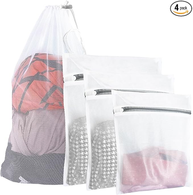 4Pcs Mesh Laundry Bags, Durable Laundry Bag, Delicates Bags for Washing Machine College, Dorm, Family, Travel, (1small, 1medium, 1large, 1xx-Large) White