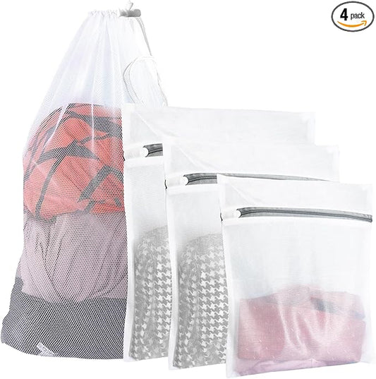 4Pcs Mesh Laundry Bags, Durable Laundry Bag, Delicates Bags for Washing Machine College, Dorm, Family, Travel, (1small, 1medium, 1large, 1xx-Large) White