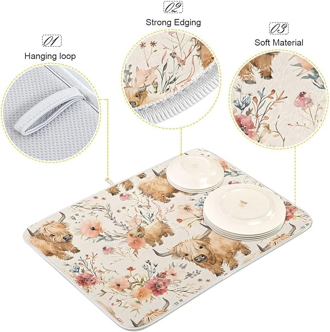 Cute Highland Cows Flowers Dish Drying Mat for Kitchen Counter Absorbent Microfiber Drying Pad, Large 18x24 in, Reversible Drainer Mats