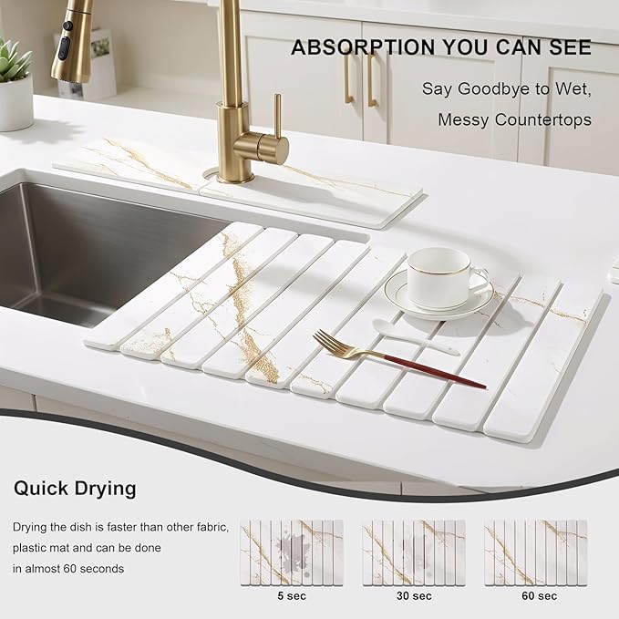 3 PCS Large Stone Dish Drying Mat for Kitchen Counter, Quick Dry Stone Dishes Mats, Sink Faucet Mat, Marble Water Absorbing Diatomaceous Earth Drying Pad for Countertop Tableware, Bottles