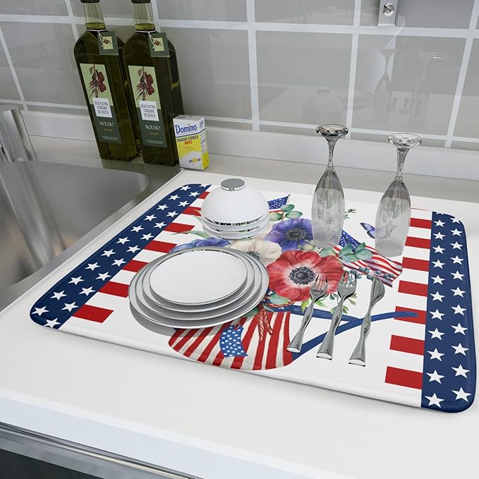 Patriotic American Flag Dish Drying Mat 18x24 Inch Spring Summer Flower 4th of July Memorial Kitchen Mats Vintage Absorbent Dishes Pad for Kitchen Counter Memorial Home Decorations for Countertops