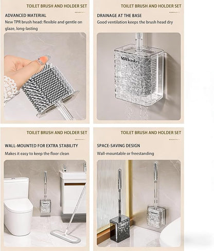 Silicone Toilet Brush with Holder Deep Cleaning Toilet Brush with Flexible Bristles Floor Standing & Wall Mounted Space Saving for Bathroom Modern Design Quick Drying Easy to Assemble Gray