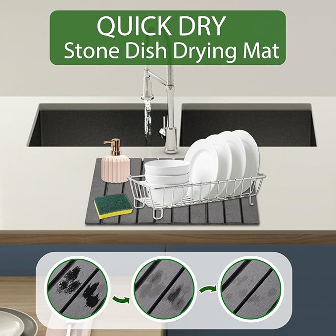 Oxydrily Stone Dish Drying Mat for Kitchen Counter,Large Dark Gray Foldable Diatomaceous Earth Dish Drying Mat,Quick-Dry Absorbent Bath & Countertop Stone Dishes Mats for Dishes Bottles Cups 23"x15.3"