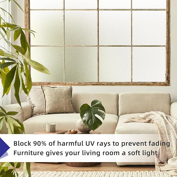 Frosted Glass Window Privacy Film Non-Adhesive Static Cling Bathroom Decorative Stickers Heat Control UV Blocking Opaque Glass Window Coverings Film for Home Front Door Office (29.5 Inch x 13.1 Feet)