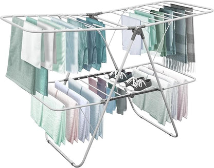 Brookstone 2 Tier Folding Rack - Indoor/Outdoor Collapsible Clothes Dryer Stand Laundry or Shoe Rack, Heavy Duty Freestanding Garment Hanger, Foldable, Clothing Drying Rack, White