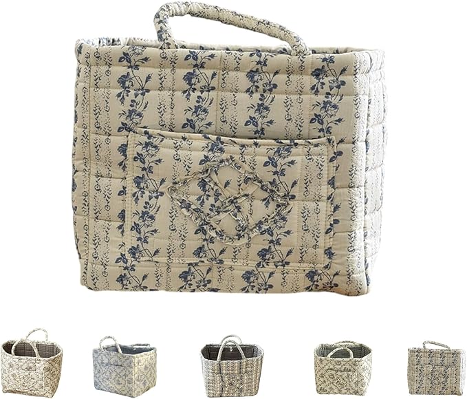 Quilted Laundry Basket with Handles,Boho Quilted Floral Storage Basket with Handles & Pocket,Foldable Cotton Fabric Organizer Tote for Car, Nursery, Laundry, Toys, Picnic, Closet (Vine blue)