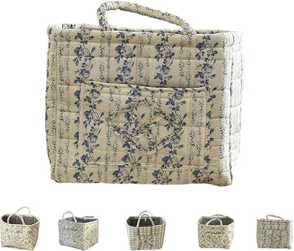 Quilted Laundry Basket with Handles,Boho Quilted Floral Storage Basket with Handles & Pocket,Foldable Cotton Fabric Organizer Tote for Car, Nursery, Laundry, Toys, Picnic, Closet (Vine blue)