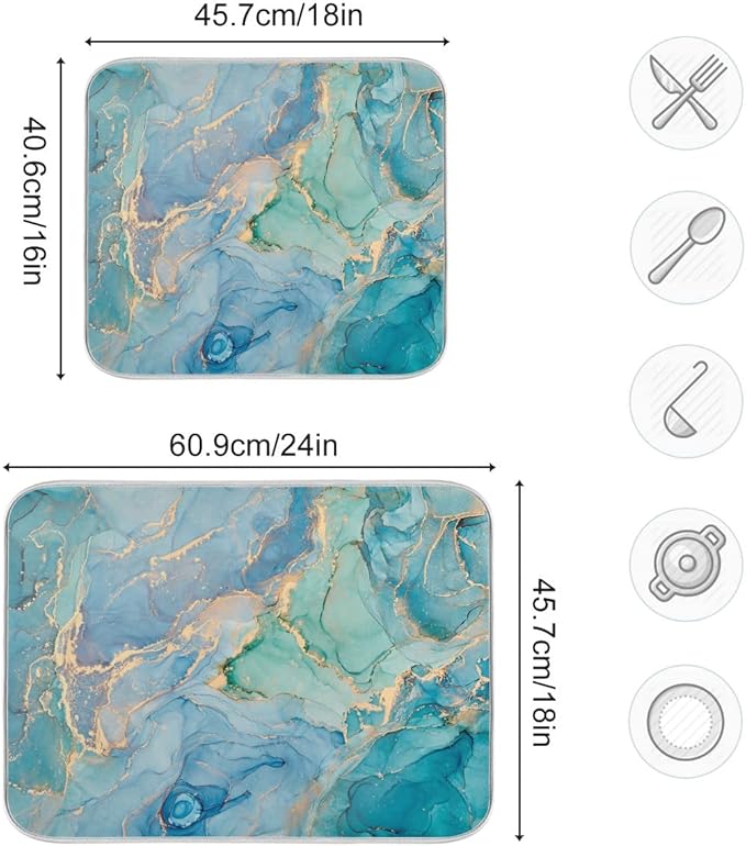 Marble Dish Drying Mat for Kitchen Counter Blue Teal Turquoise Gold Drying Mat 16 x 18 Inch with High Absorbent Reversible Microfiber Dish Drying Pad Dish Rack Pad Drainer Mat for Coffee Bar