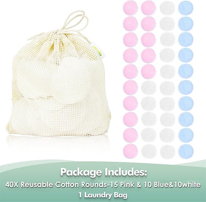 wegreeco 40 Pack Reusable Makeup Remover Pads, Washable Reusable Cotton Rounds Pads for Face, Makeup Remover Cloths for All Skin - (Velour, 3 Color)
