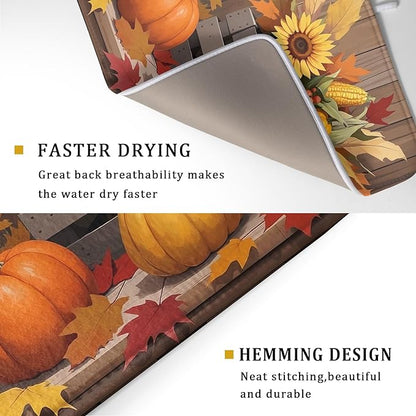 Fall Thanksgiving Dish Drying Mat for Kitchen Counter 18x24 Pumpkin Sunflower Bird Autumn Harvest Theme Absorbent Reversible Microfiber Drying Mats Kitchen Countertop Protector Dishes Drainer Pad