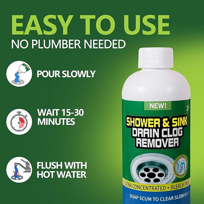 Drain Cleaner Clog Remover Liquid: Sink Kitchen Bathroom Shower Drain Cleaning Solution - Safe for Household Pipes Prevents Build-Up (2 Pcs)