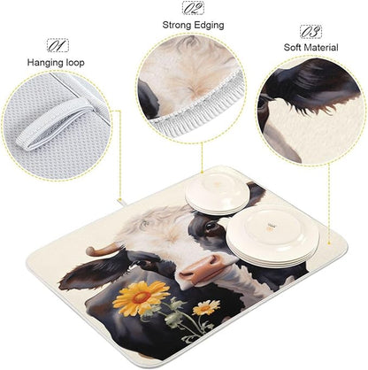 Dish Drying Mat Kitchen Counter Absorbent Flower Cow Coffee Sink Mat Dish Drainer Pad 18 Inch x 16 Inch