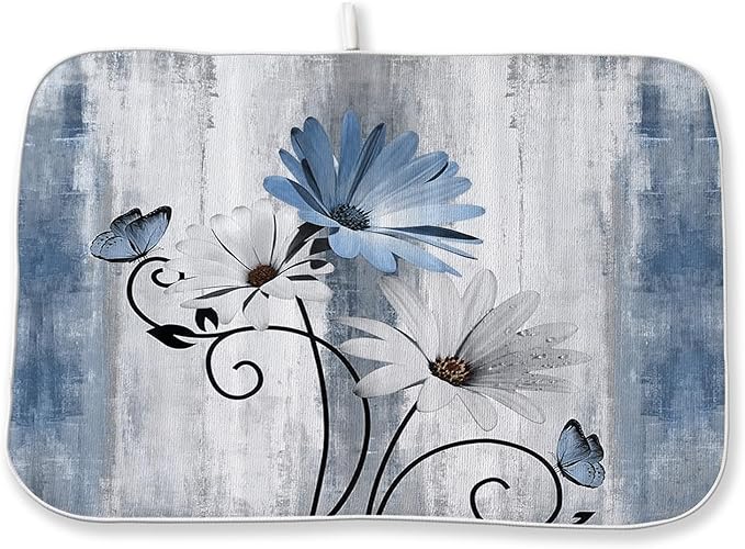 Rustic Daisy Floral Dish Drying Mats 18x24 Inches for Vintage Flower Blue Kitchen Drying Mats Seasonal Outdoor Decorations Absorbent Drying Dish Mats for Kitchen Dining Room Counter Decor