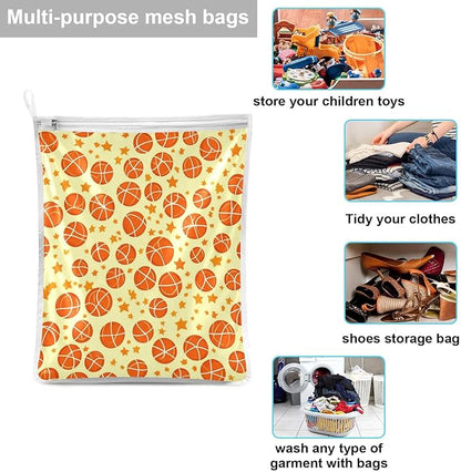 Mesh Laundry Bags Lingerie Bags for Washing Delicates 2 PCS Durable Wash Bag with Zipper Small and Medium Washable Orange Basketball and Stars