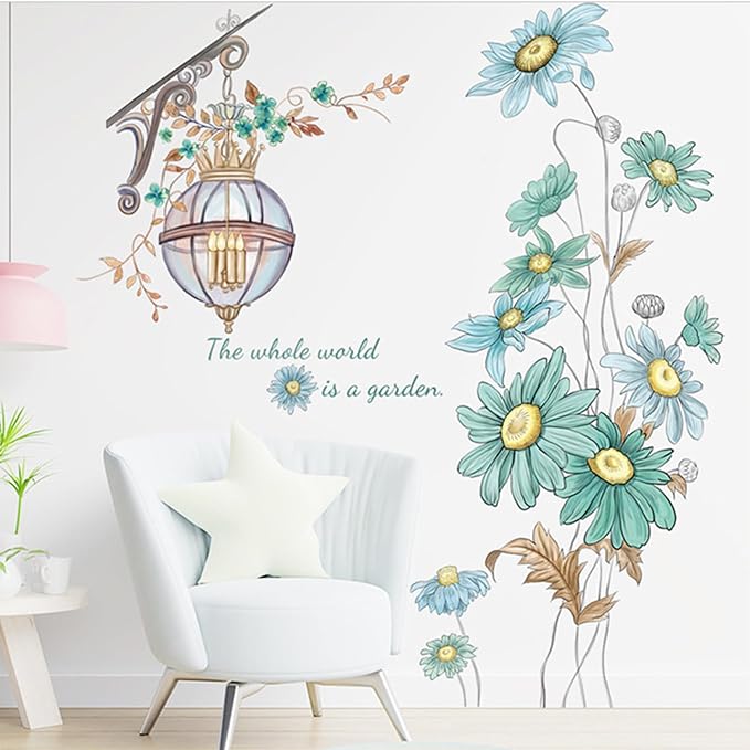 Blue Sunflower Wall Decals Vinyl Stickers, Flower Butterfly Decal Art Murals, Flower Pattern Self-Adhesive Wall Stickers for Girls Bedroom Living Room Nursery Decor