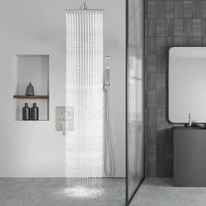 Aolemi Shower Faucet Set Rain Shower System with Handheld Spray Bathroom Shower Combo Rough-in Valve and Shower Trim Kit Included Brushed Nickel 10 Inch Wall Mount Shower Head