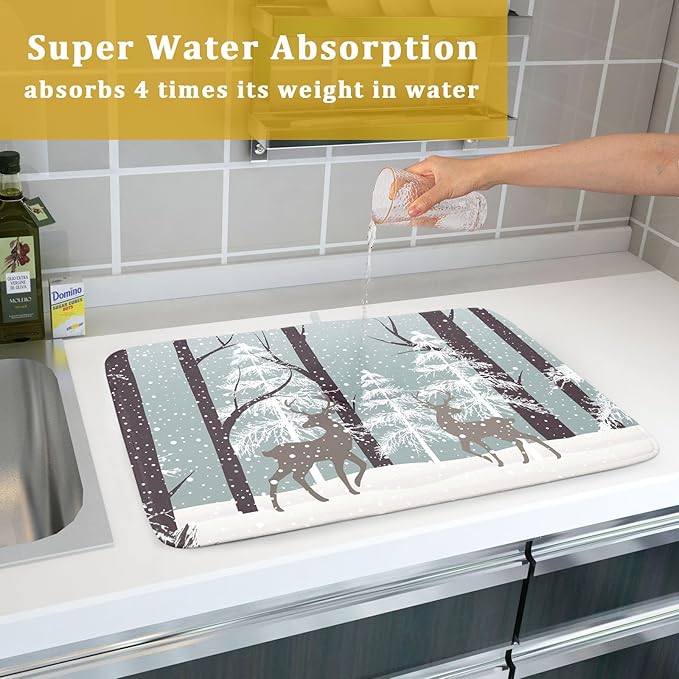 Winter Wildlife Deer Dish Drying Mat for Kitchen Counter,Xmas Landscape Snow Tree Ivory Drying Mat 18 x 24 Inch with High Absorbent Microfiber Drainer Mat for Coffee Bar