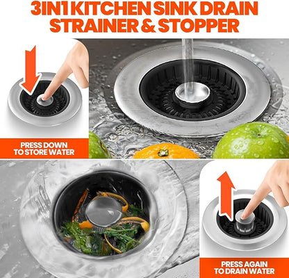 Sink Drain Strainer - Sink Stopper, 3-in-1 Kitchen Stainless Steel Drain Plug with Anti-Clog Basket, Pop-Up Cover Fits Standard 3-1/2” Openings for Double Bowl Kitchen Sinks,Black