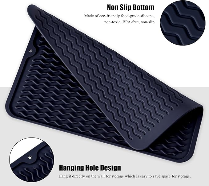 Silicone Dish Drying Mat for Multiple Usage, Easy clean, Eco-friendly, Heat-resistant Dish Drainer Mat for Kitchen Counter,Sink,Refrigerator or Drawer liner (16" x 12", Dark Blue)
