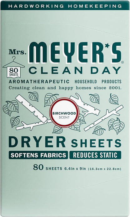 MRS. MEYER'S CLEAN DAY Dryer Sheets, Fabric Softener, Reduces Static, Infused with Essential Oils, Birchwood, 80 Count