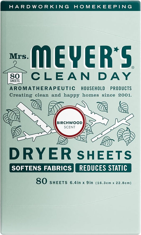 MRS. MEYER'S CLEAN DAY Dryer Sheets, Fabric Softener, Reduces Static, Infused with Essential Oils, Birchwood, 80 Count