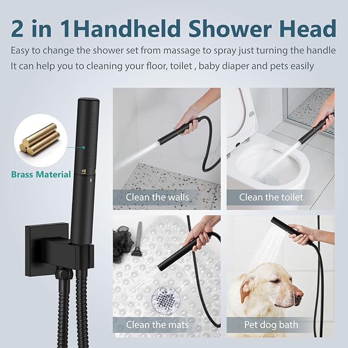 Aolemi Shower Faucet Set, High Pressure Shower System with 2-in-1 Handheld Sprayer, Wall Mount Fixture Combo with Rough-in Valve, 16 Inch Shower Head, Matte Black