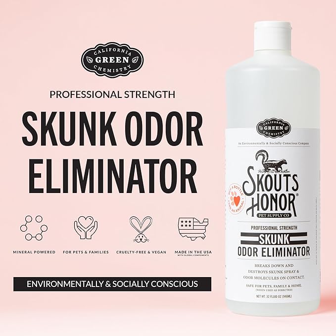 Skout's Honor Skunk Odor Eliminator for Pets, Indoor, and Outdoor Surfaces – Eliminate Skunk Spray Odor, Eco-Friendly, Cruelty-Free Solution for Pets and Surfaces, 32 oz, 2-Pack