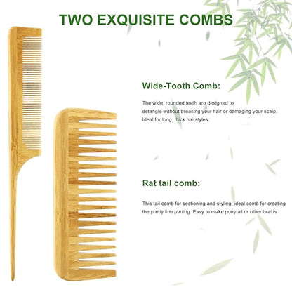 MRD Hair Brush Set, Natural Bamboo Comb Paddle Detangling Hairbrush, Wide-tooth and tail comb No Bristle, suit for Women Men and Kids Thick/Thin/Curly/Dry Hair Gift kit