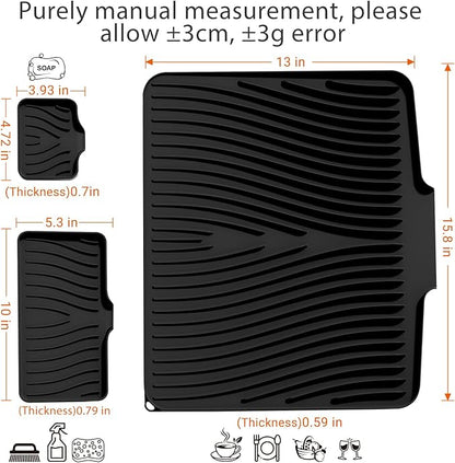 Silicone Dish Drying Mat for Kitchen Counter, Dish Drying Pad, Non-Slip Drain Pad with Built-in Drain, Heat Resistant Stone Drying Mat,Black-1Set